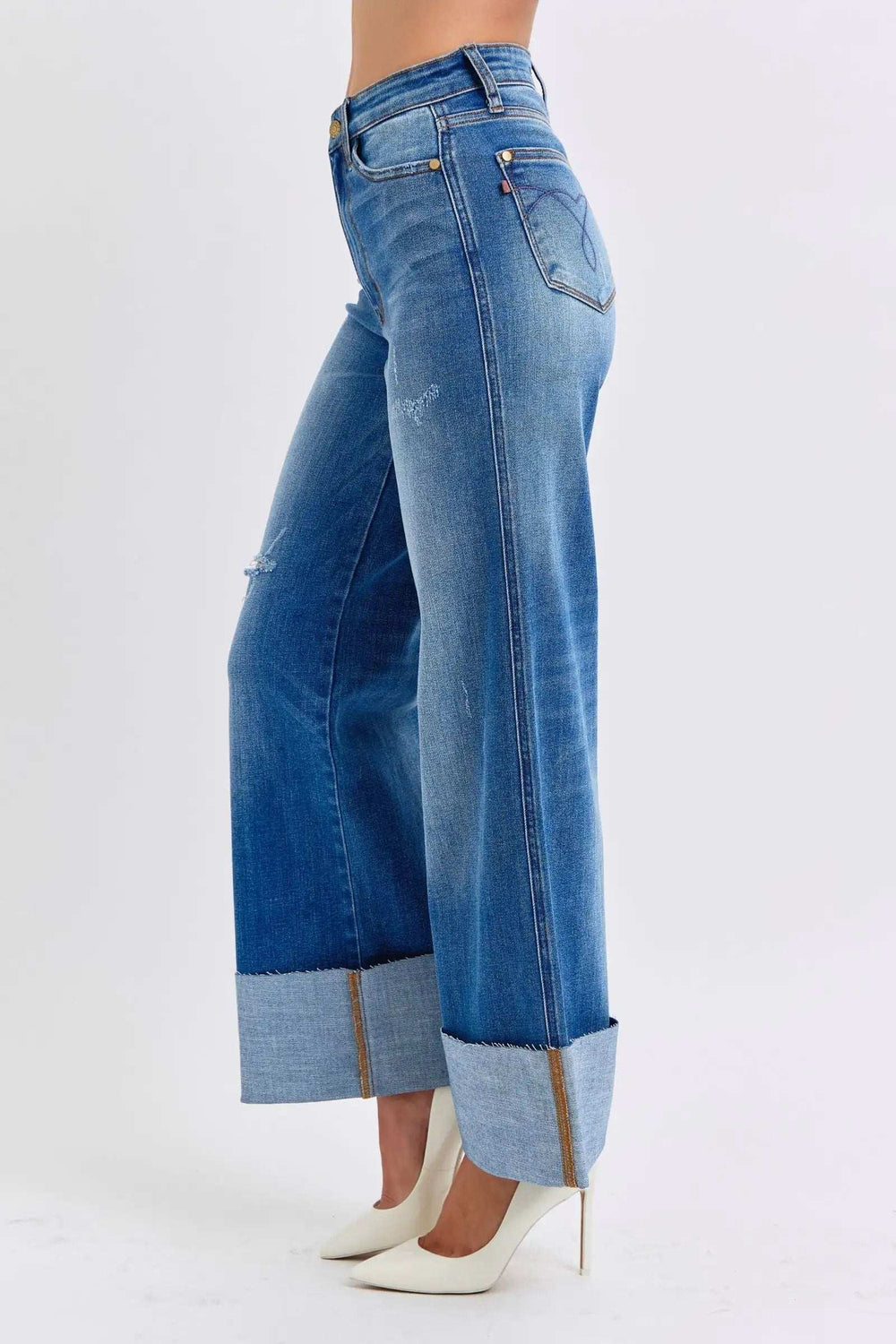 Judy Blue Full Size Distressed High Waist Wide Leg Jeans - Trendsi - Flyclothing LLC