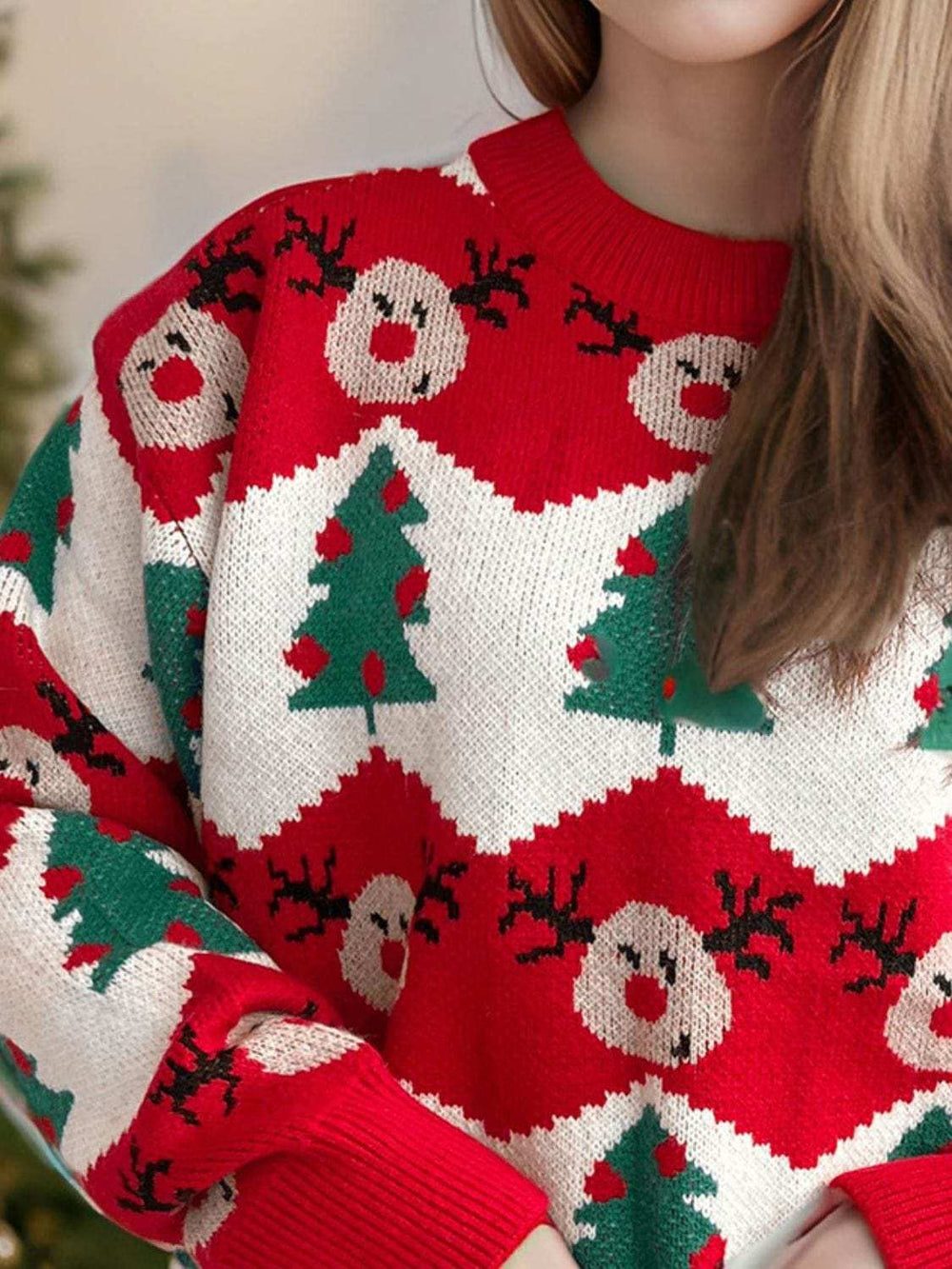 Christmas Element Round Neck Long Sleeve Sweater - Trendsi - Flyclothing LLC