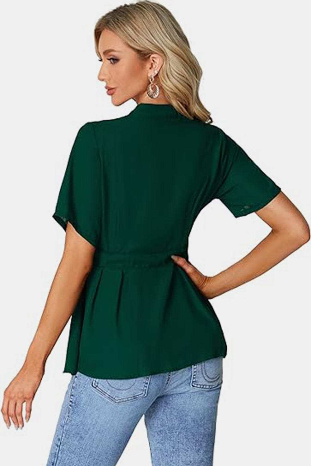 Tied Round Neck Short Sleeve Blouse - Trendsi - Flyclothing LLC