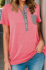 Full Size Half Button Short Sleeve T-Shirt - Trendsi - Flyclothing LLC