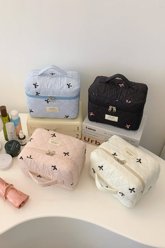 Bow Embroidered Quilted Storage Bag with Zip - Trendsi