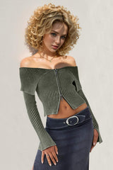 Double Take Ribbed Off-Shoulder Zip Up Long Sleeve Cardigan - Trendsi - Flyclothing LLC