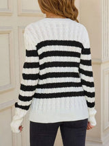 Striped Cable Knit Round Neck Sweater - Trendsi - Flyclothing LLC