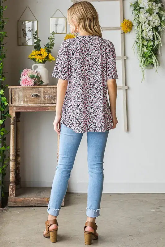 Heimish Full Size Short Sleeve Crisscross Animal Babydoll Top Plus Size - Trendsi - Flyclothing LLC