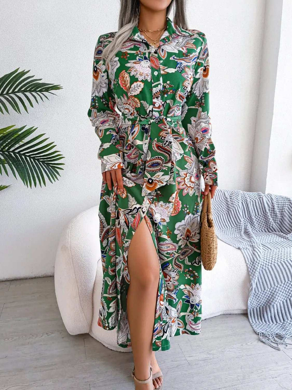 Tied Printed Long Sleeve Midi Dress - Trendsi - Flyclothing LLC