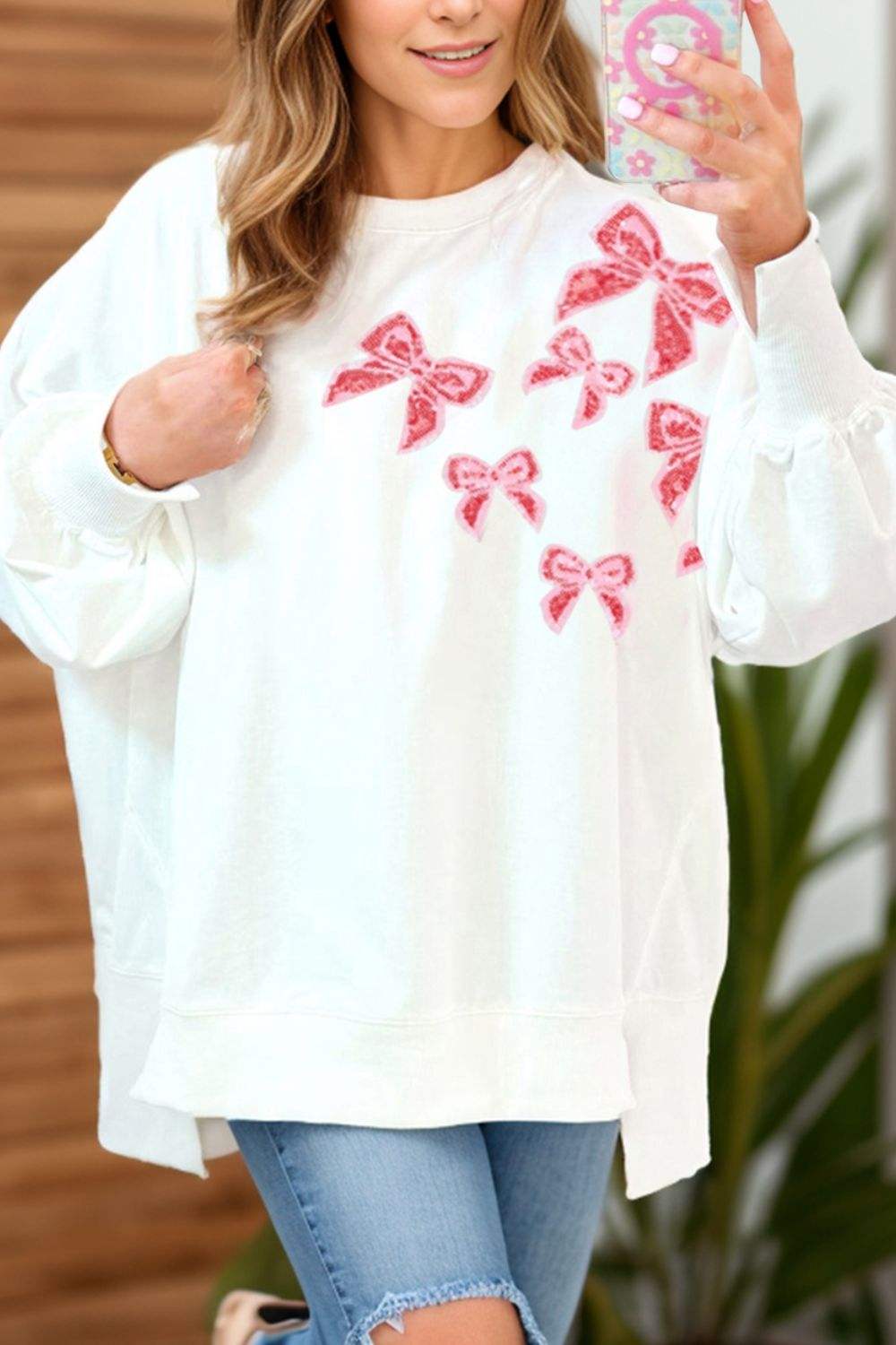 Bow Round Neck Long Sleeve Sweatshirt - Trendsi - Flyclothing LLC