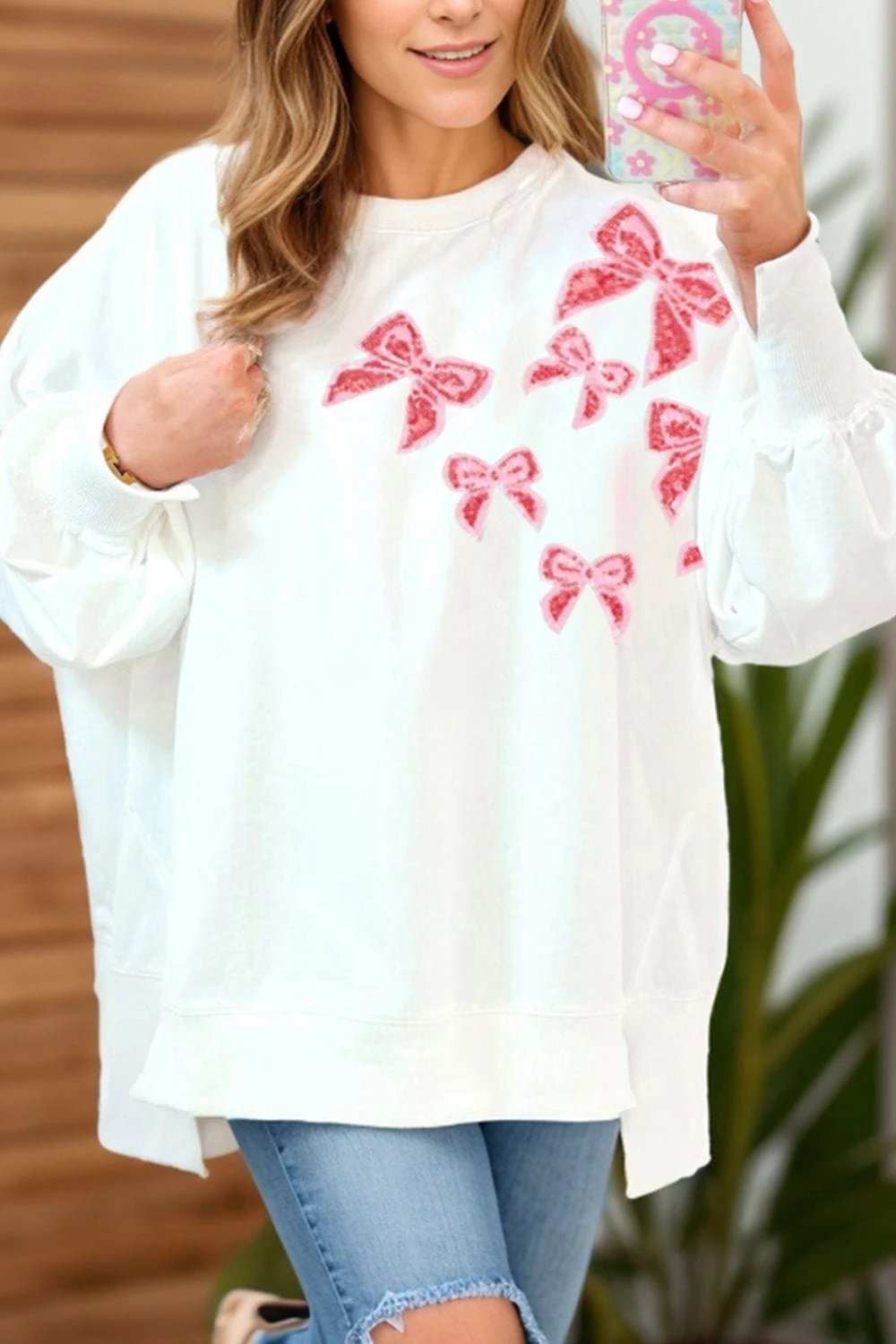 Bow Round Neck Long Sleeve Sweatshirt - Trendsi - Flyclothing LLC
