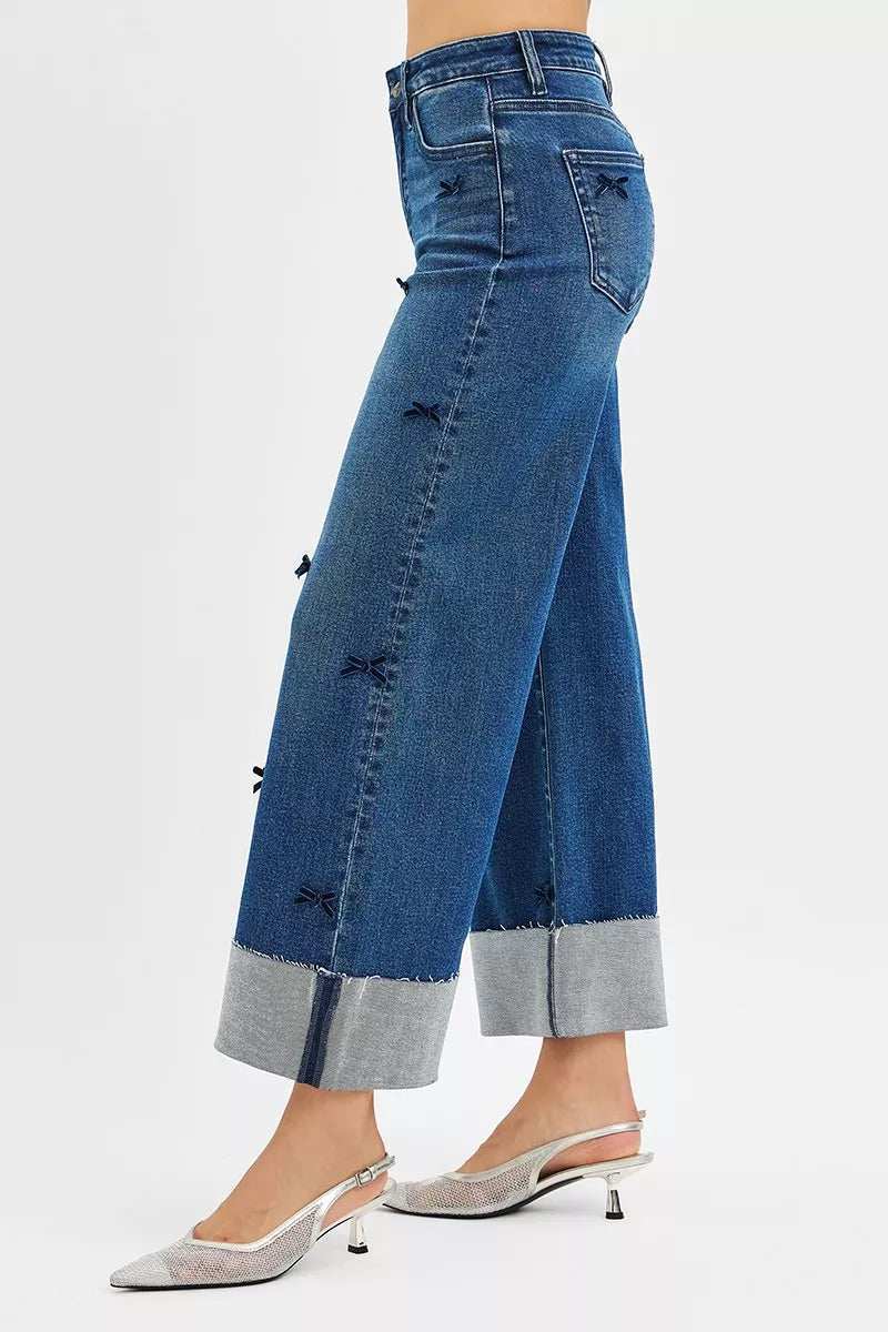 RISEN High Rise Crop Wide Leg Ribbon Detail Jeans - Trendsi - Flyclothing LLC