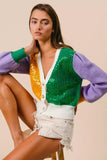 BiBi Mardi Gras Color Block Sequin Sweater Cardigan - Trendsi - Flyclothing LLC