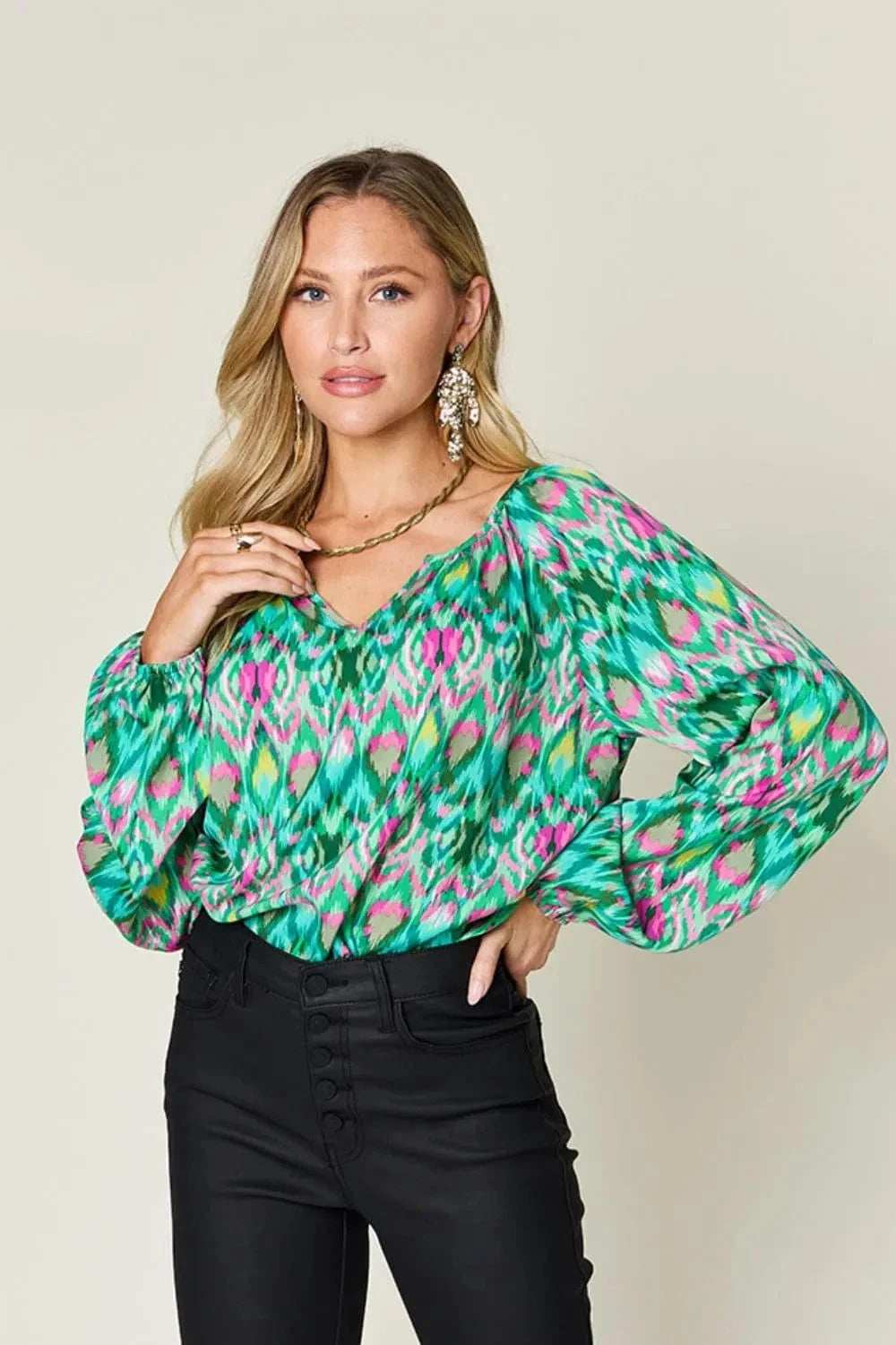 Double Take Full Size Printed Balloon Sleeve Blouse - Trendsi - Flyclothing LLC