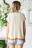 First Love Full Size Contrast Wavy Crochet Drop Shoulder Knit Top - Trendsi