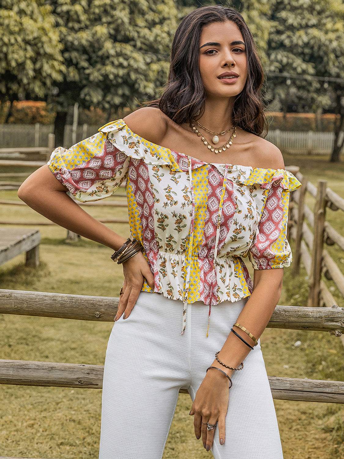 Ruffled Printed Off-Shoulder Short Sleeve Blouse - Trendsi - Flyclothing LLC