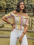 Ruffled Printed Off-Shoulder Short Sleeve Blouse - Trendsi - Flyclothing LLC