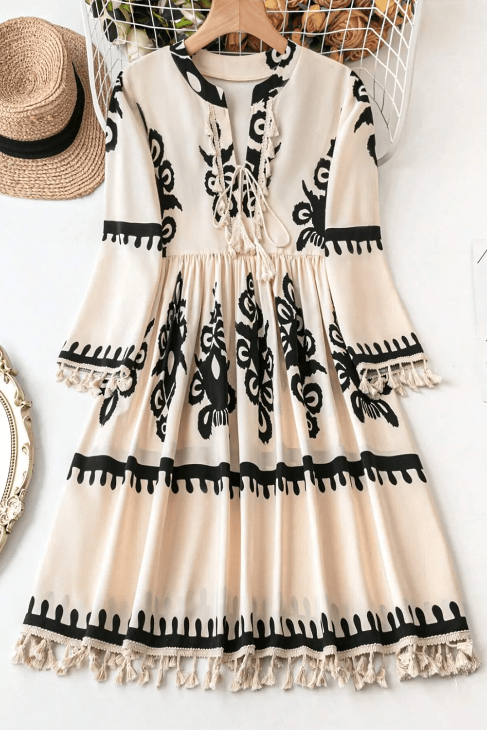 Tassel Printed Three-Quarter Sleeve Mini Dress - Trendsi - Flyclothing LLC