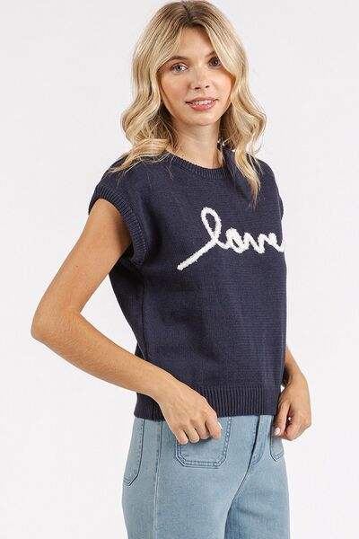 Mittoshop Contrast Letter Round Neck Cap Sleeve Knit Top - Trendsi - Flyclothing LLC