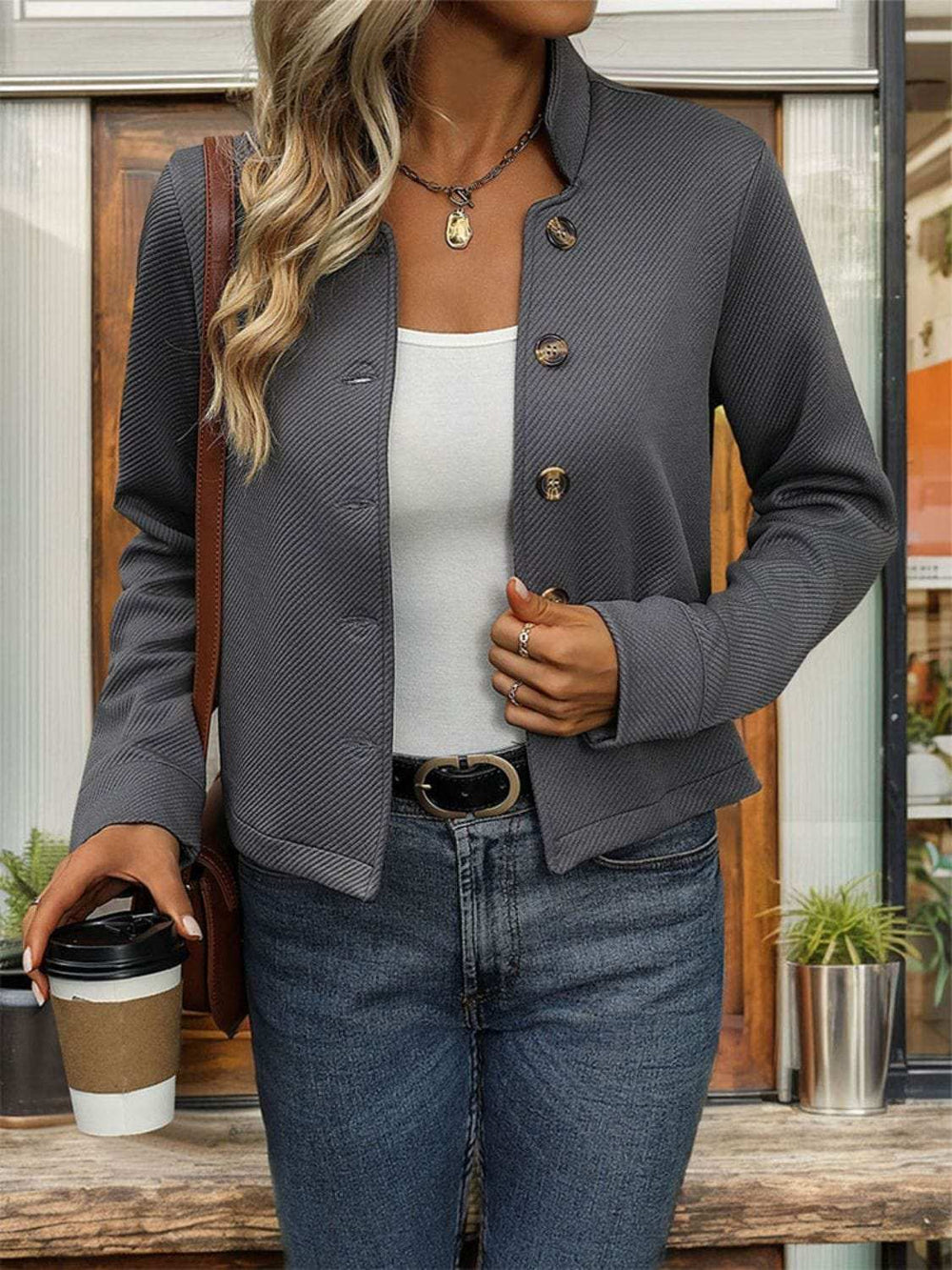 Textured Button Up Long Sleeve Jacket - Trendsi - Flyclothing LLC