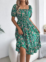 Ruffled Hem Floral Puff Sleeve Dress - Trendsi - Flyclothing LLC