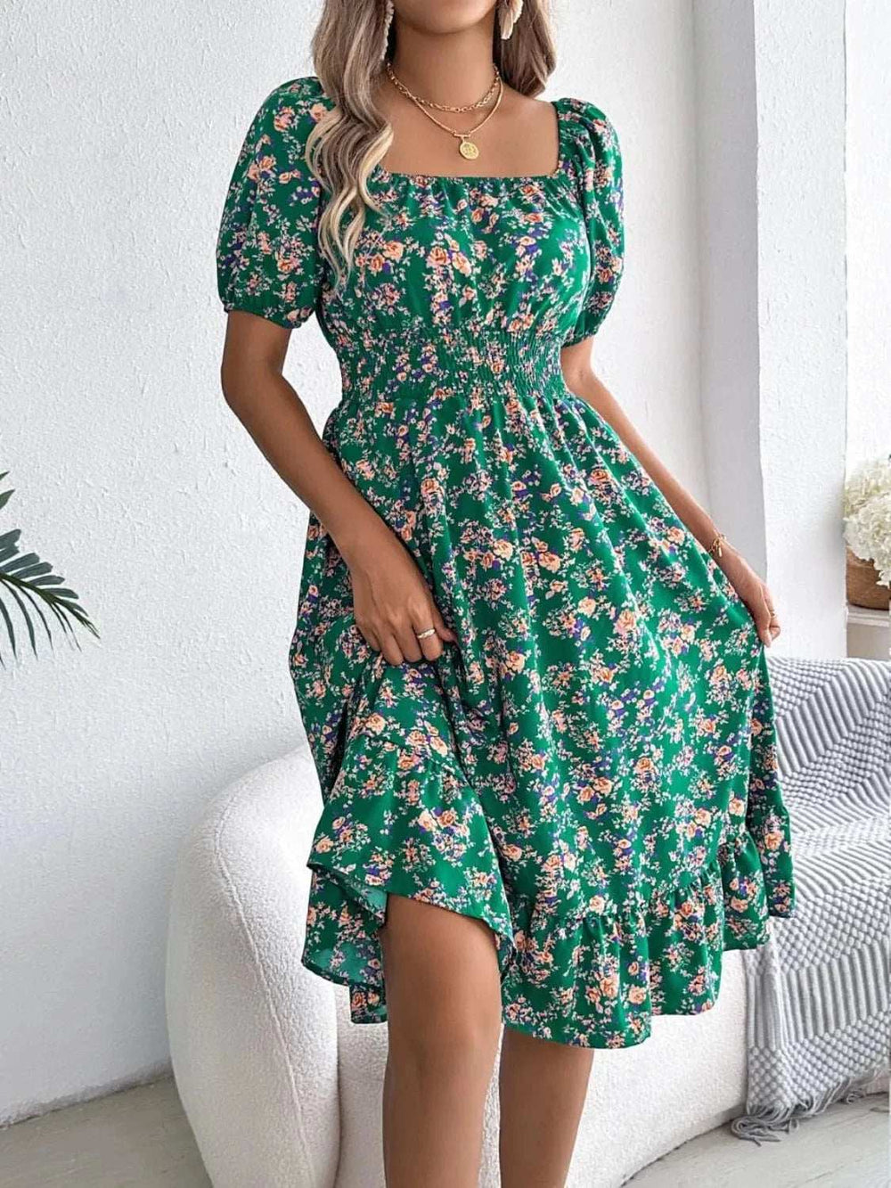 Ruffled Hem Floral Puff Sleeve Dress - Trendsi - Flyclothing LLC