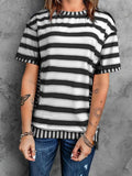 Full Size Contrast Stitching Striped Round Neck T-Shirt - Trendsi - Flyclothing LLC
