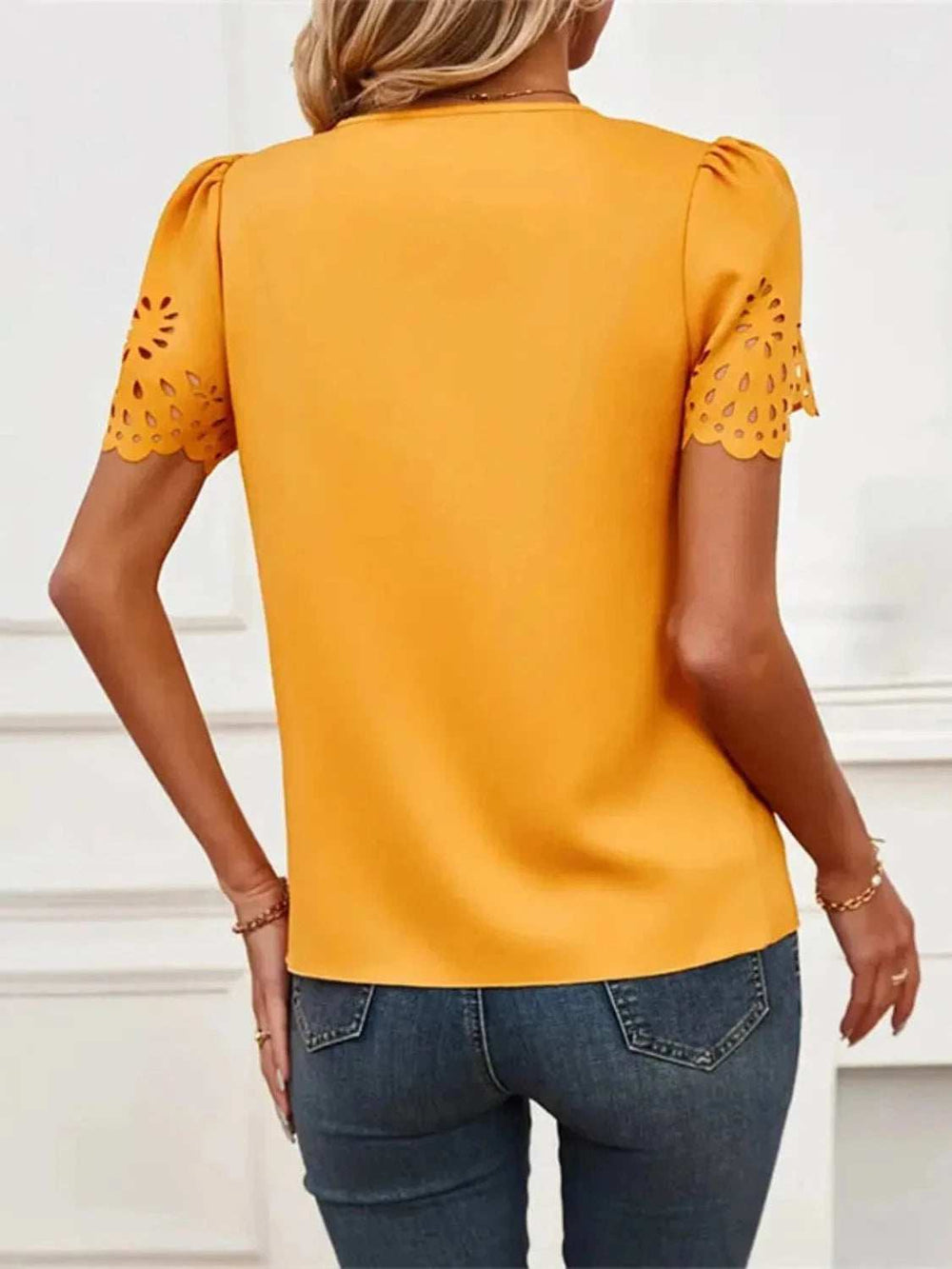 V-Neck Laser Cut Sleeve Blouse - Trendsi - Flyclothing LLC