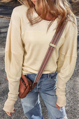 Waffle-Knit Round Neck Long Sleeve Top - Trendsi - Flyclothing LLC
