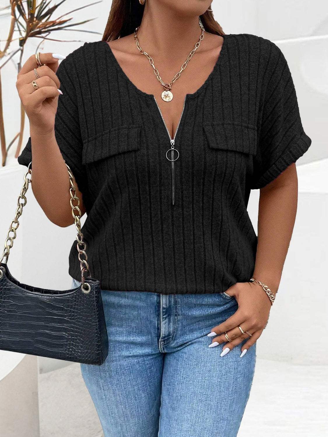 Plus Size Half Zip Short Sleeve T-Shirt - Trendsi - Flyclothing LLC
