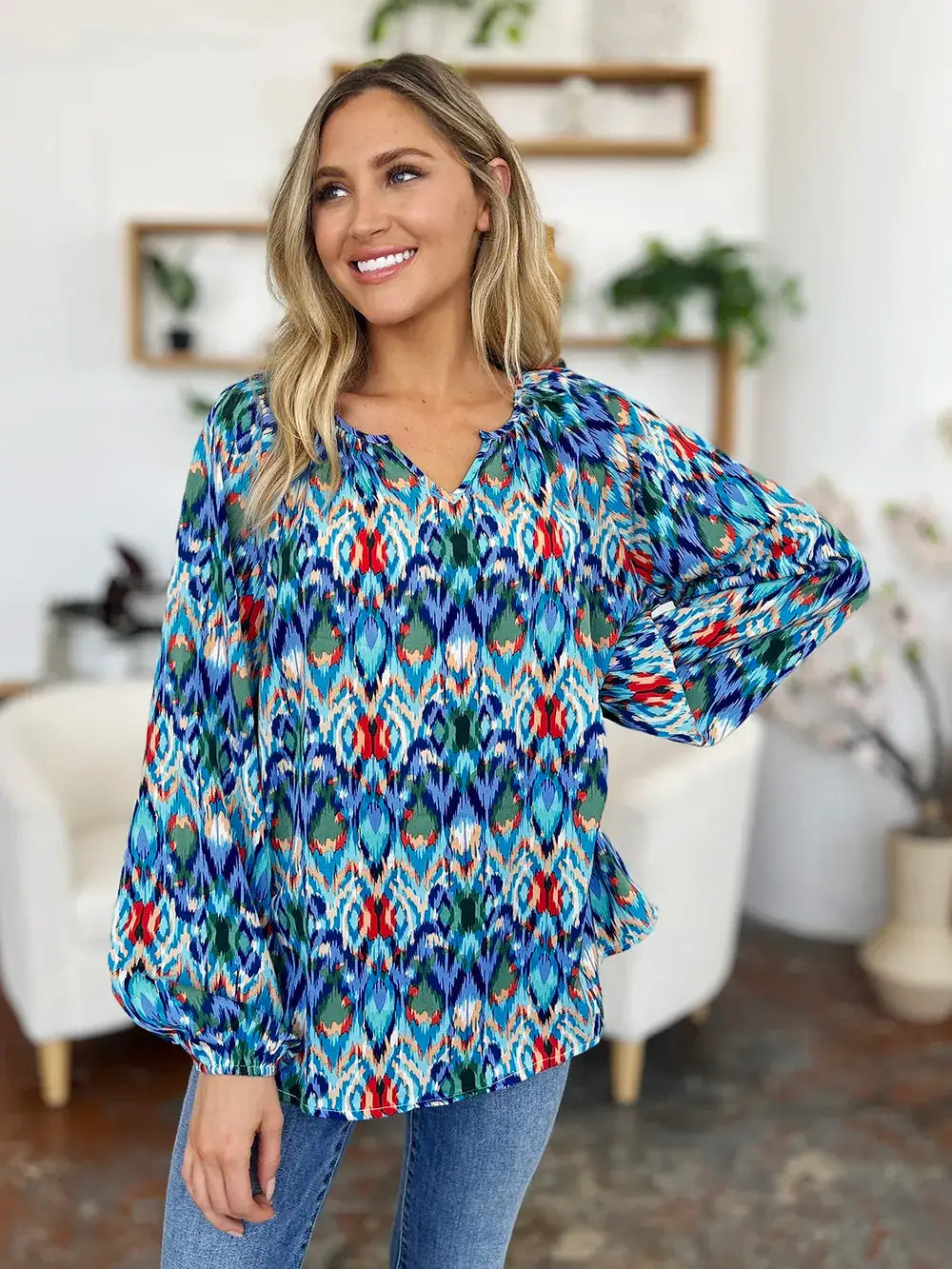 Double Take Full Size Printed Balloon Sleeve Blouse - Trendsi - Flyclothing LLC