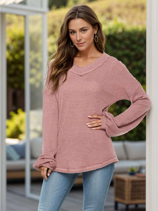 Dropped Shoulder Long Sleeve Knit Top - Trendsi - Flyclothing LLC