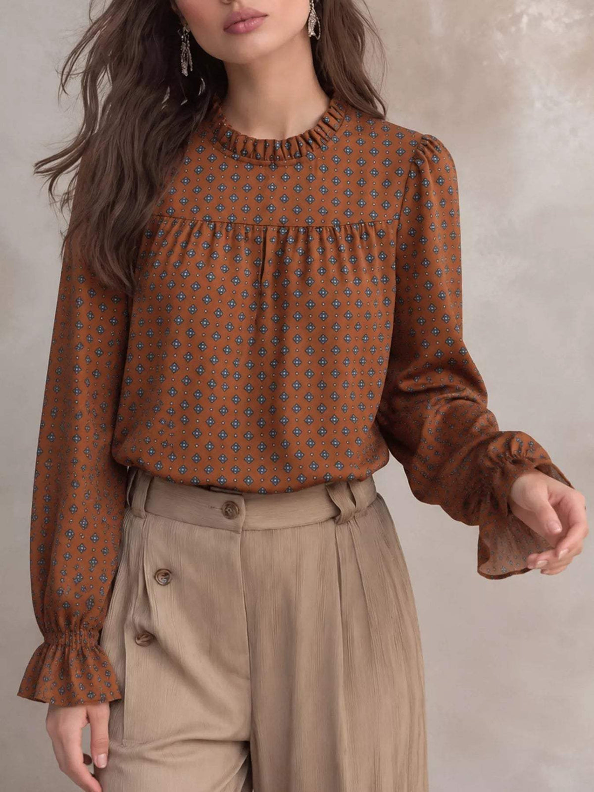Printed Flounce Sleeve Blouse - Trendsi - Flyclothing LLC