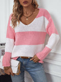 Color Block V-Neck Long Sleeve Sweater - Trendsi