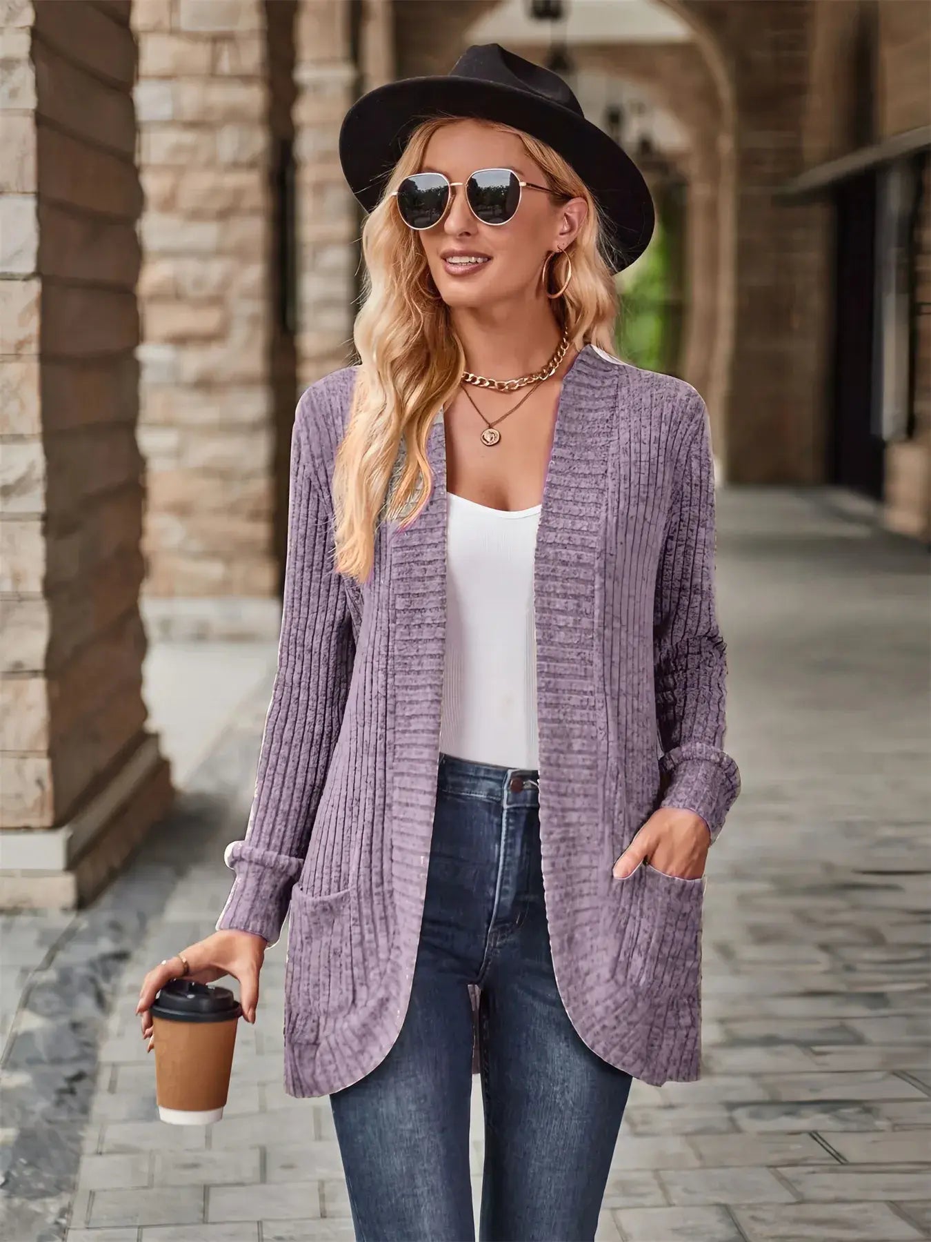 Ribbed Open Front Long Cardigan with Pockets - Trendsi - Flyclothing LLC