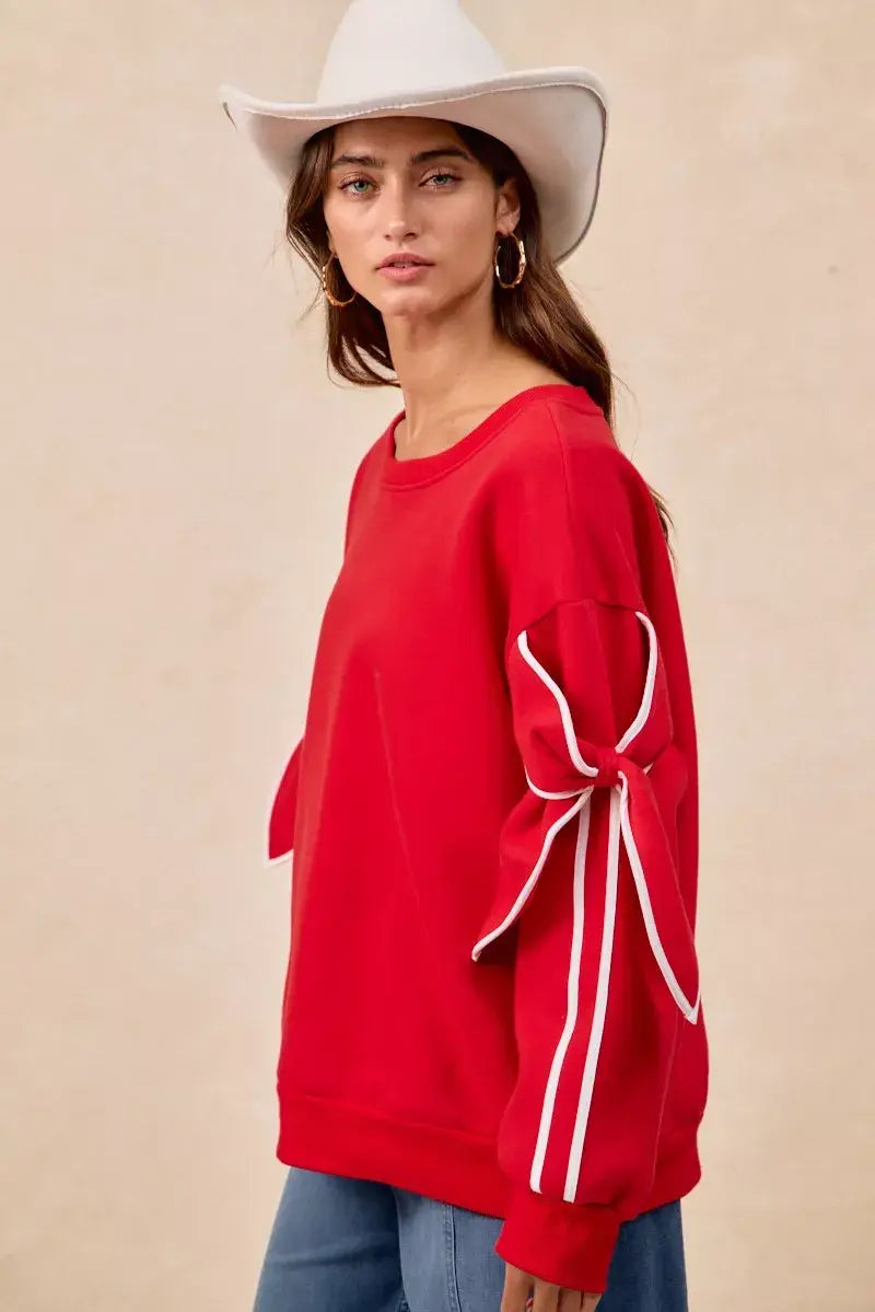 BiBi Bow Detail Sleeves Fleece Sweatshirt - Trendsi - Flyclothing LLC