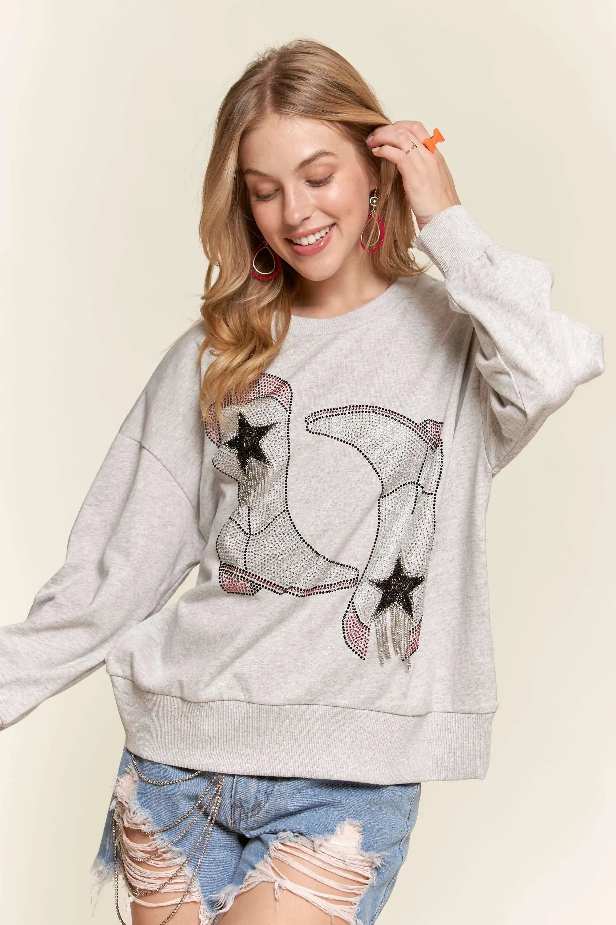 ADORA Rhinestone Accent Casual Sweatshirt - Trendsi - Flyclothing LLC