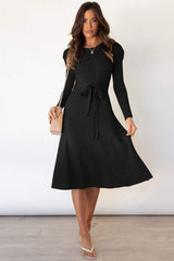 Round Neck Long Sleeve Tie Waist Sweater Dress - Trendsi - Flyclothing LLC