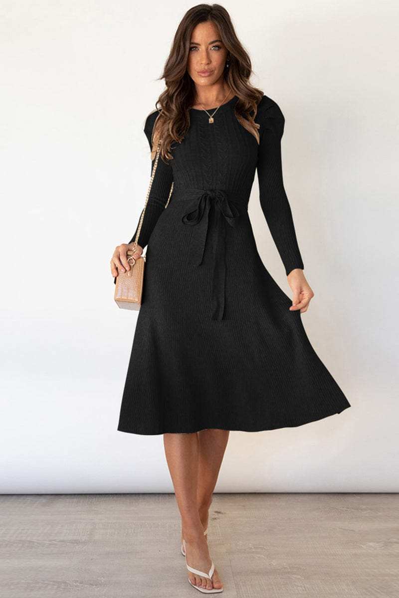 Round Neck Long Sleeve Tie Waist Sweater Dress - Trendsi - Flyclothing LLC