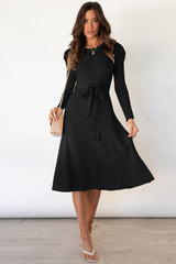 Round Neck Long Sleeve Tie Waist Sweater Dress - Trendsi