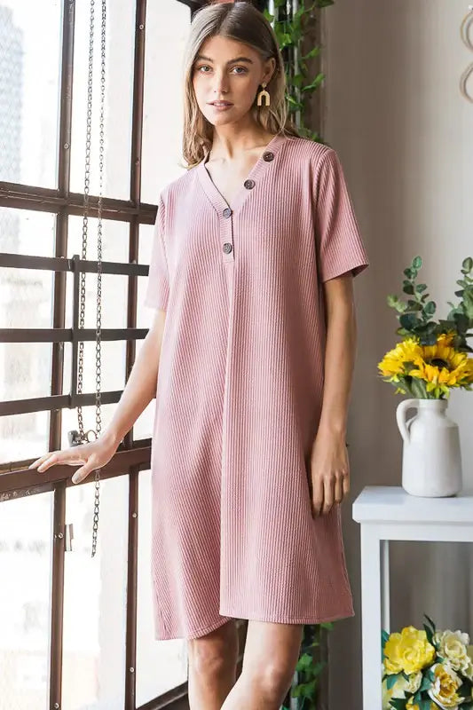 Heimish Full Size Solid Ribbed Mini Dress with Button Plus Size - Trendsi - Flyclothing LLC