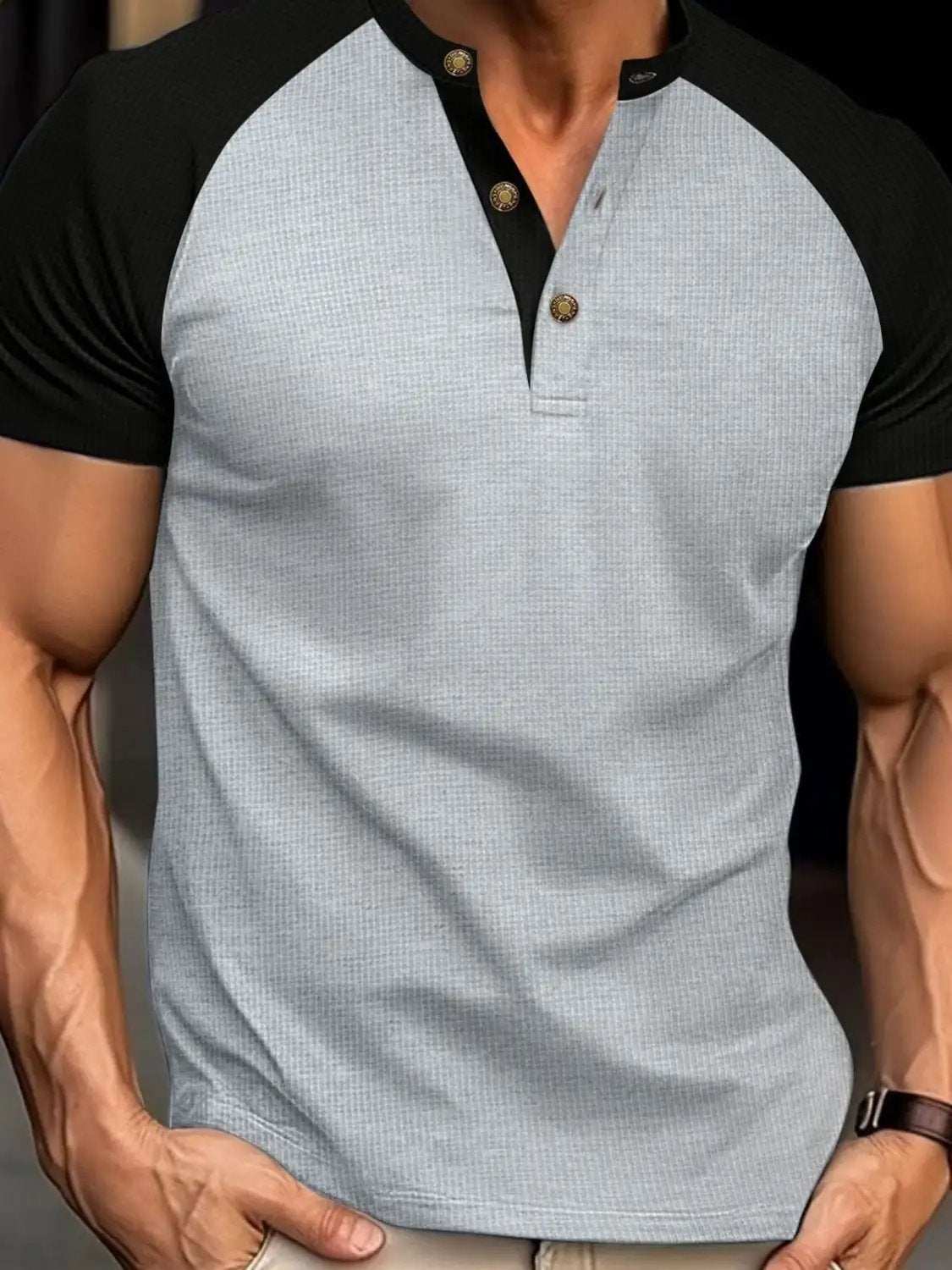 Men's Full Size Waffle-Knit Round Neck Contrast Polo Plus Size - Trendsi - Flyclothing LLC
