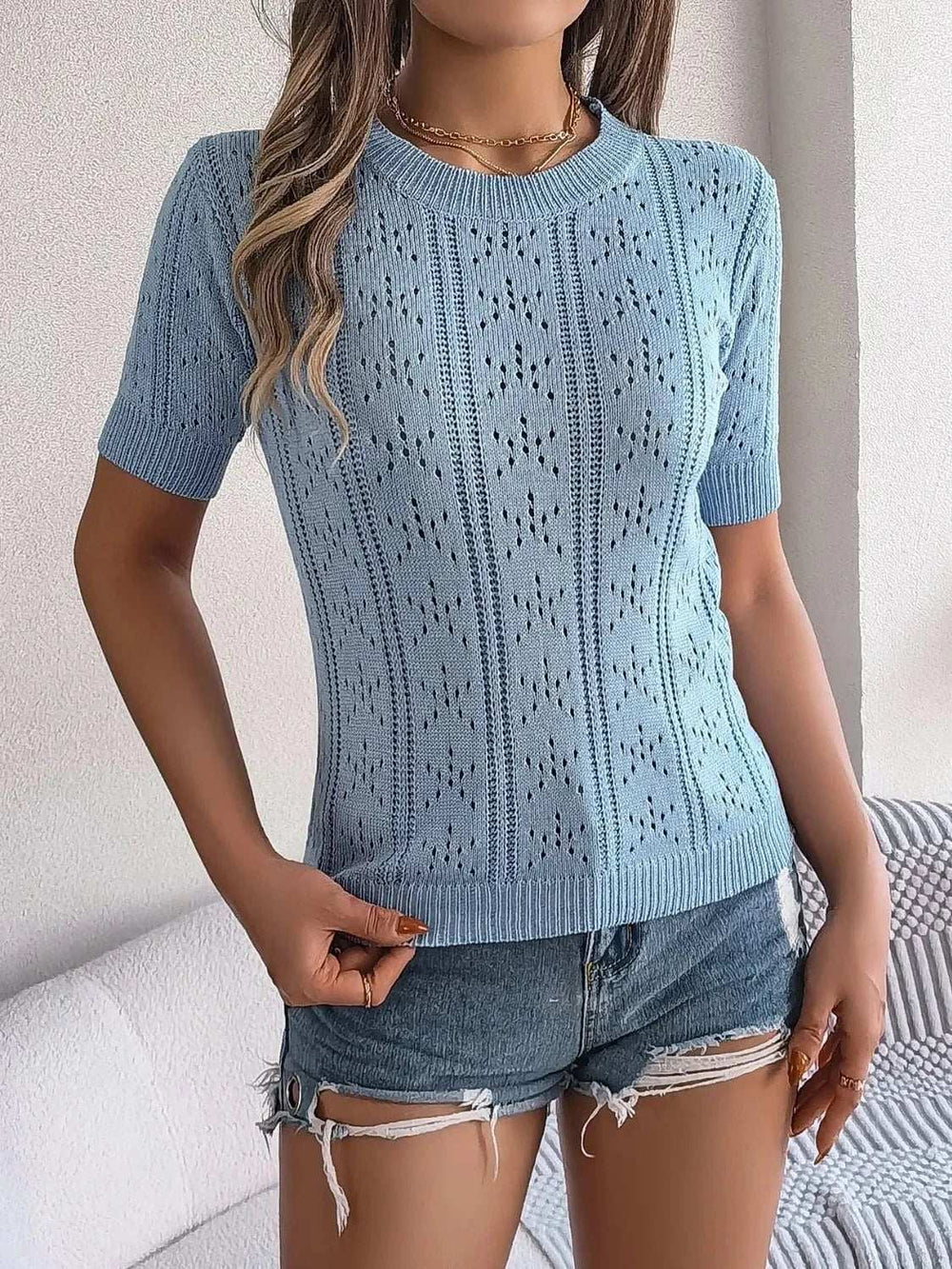 Openwork Round Neck Short Sleeve Knit Top - Trendsi - Flyclothing LLC