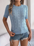 Openwork Round Neck Short Sleeve Knit Top - Trendsi