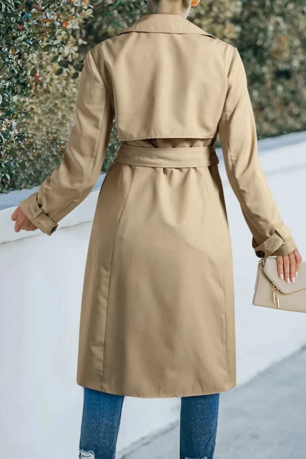Collared Neck Tie Waist Buttoned Long Sleeve Trench Coat - Trendsi - Flyclothing LLC