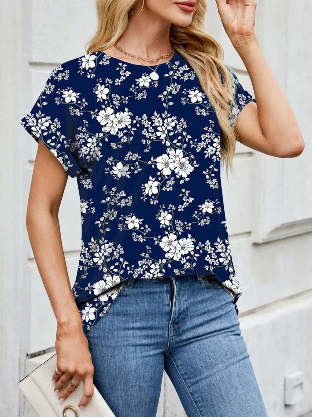 Printed Round Neck Short Sleeve Top - Trendsi - Flyclothing LLC