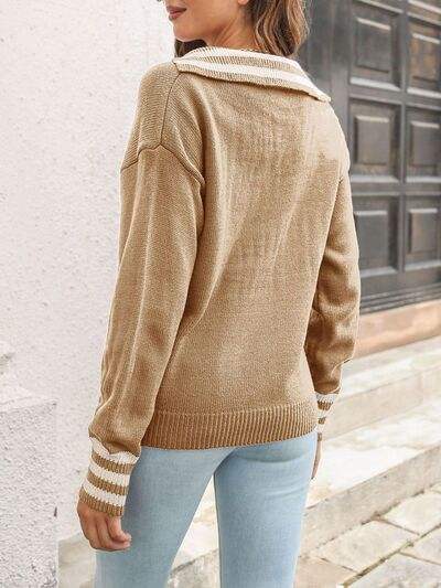 Striped Trim Drop Shoulder Sweater - Trendsi - Flyclothing LLC