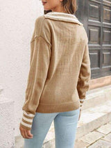 Striped Trim Drop Shoulder Sweater - Trendsi - Flyclothing LLC