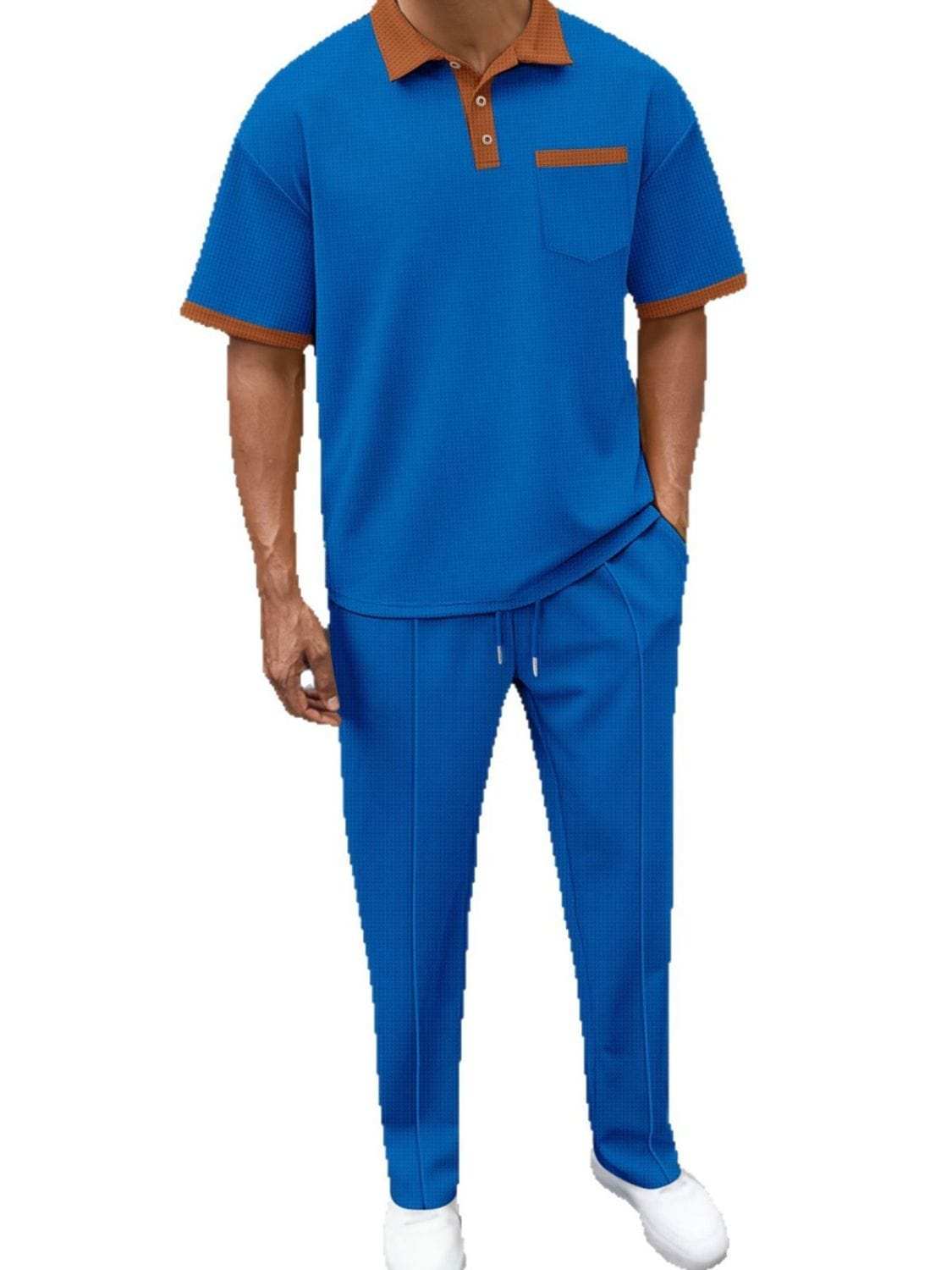 Men's Full Size Waffle-Knit Contrast Polo and Pants Set Plus Size - Trendsi - Flyclothing LLC