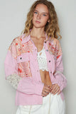 POL Printed Woven Mix Raw Hem Jacket with Lace Detail - Trendsi