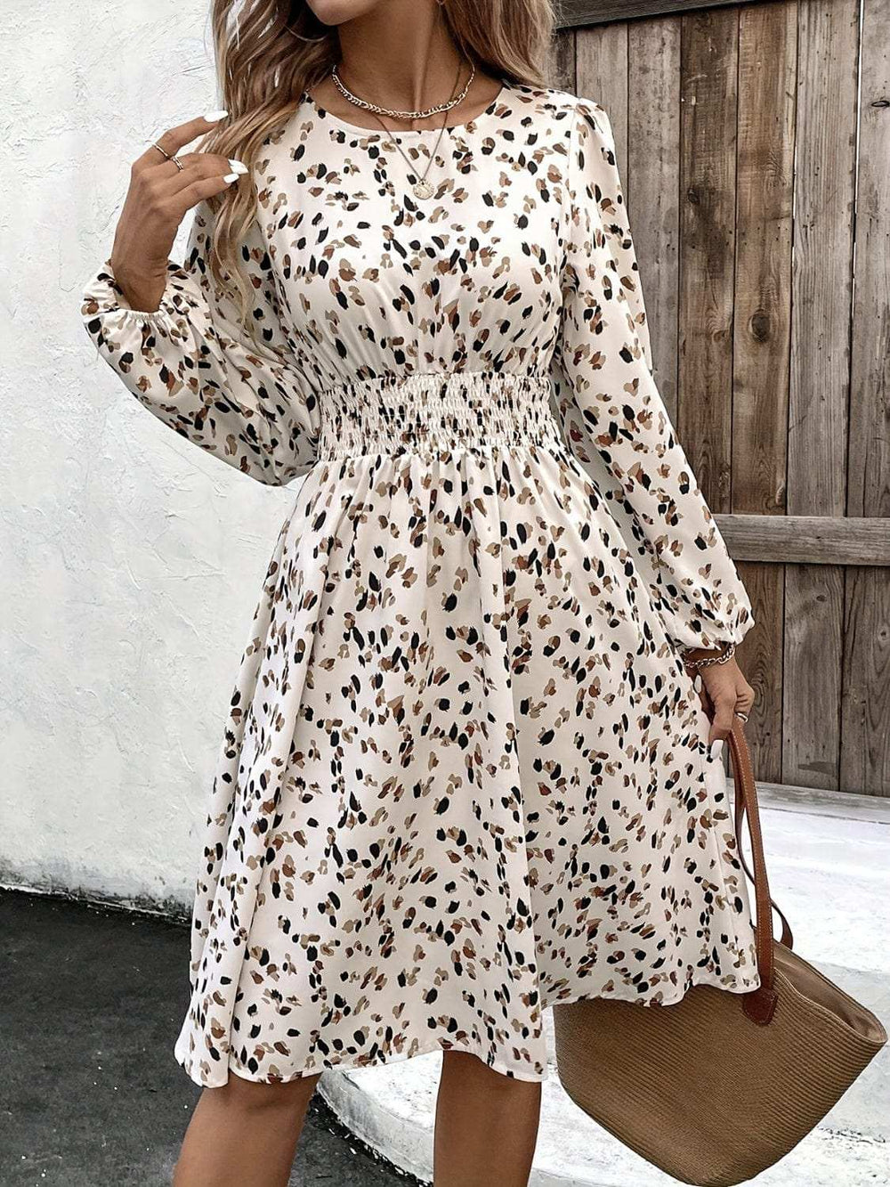 Printed Round Neck Long Sleeve Dress - Trendsi - Flyclothing LLC