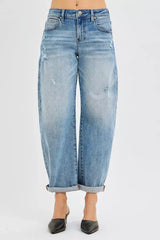 RISEN Full Size Slouchy Ankle Length Barrel Jeans with Cuffs Plus Size - Trendsi - Flyclothing LLC