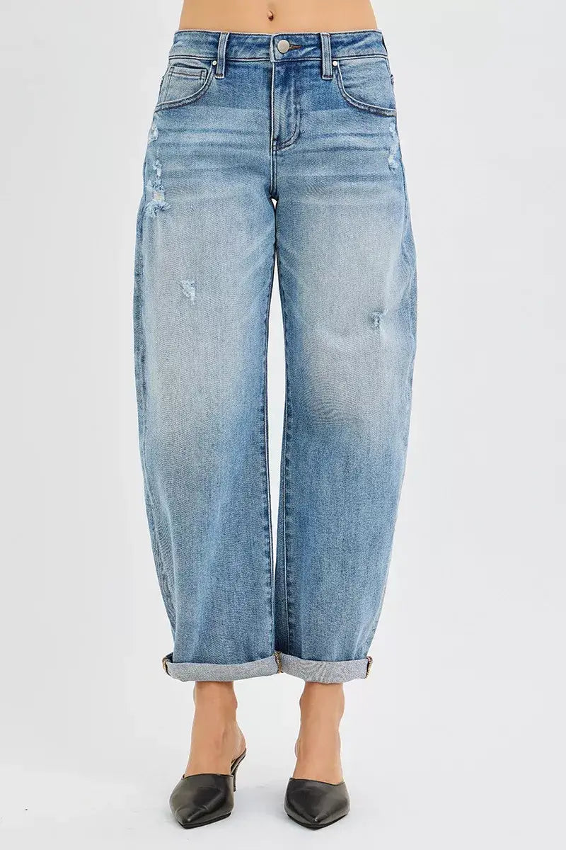 RISEN Full Size Slouchy Ankle Length Barrel Jeans with Cuffs Plus Size - Trendsi - Flyclothing LLC