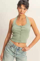 HYFVE Halter Neck Buttoned Washed Top - Trendsi - Flyclothing LLC
